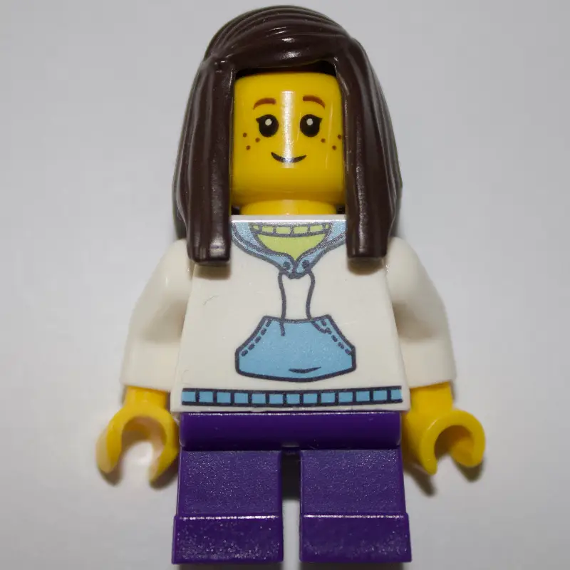 Kid - White Torso, Dark Purple Legs, Dark Brown Hair