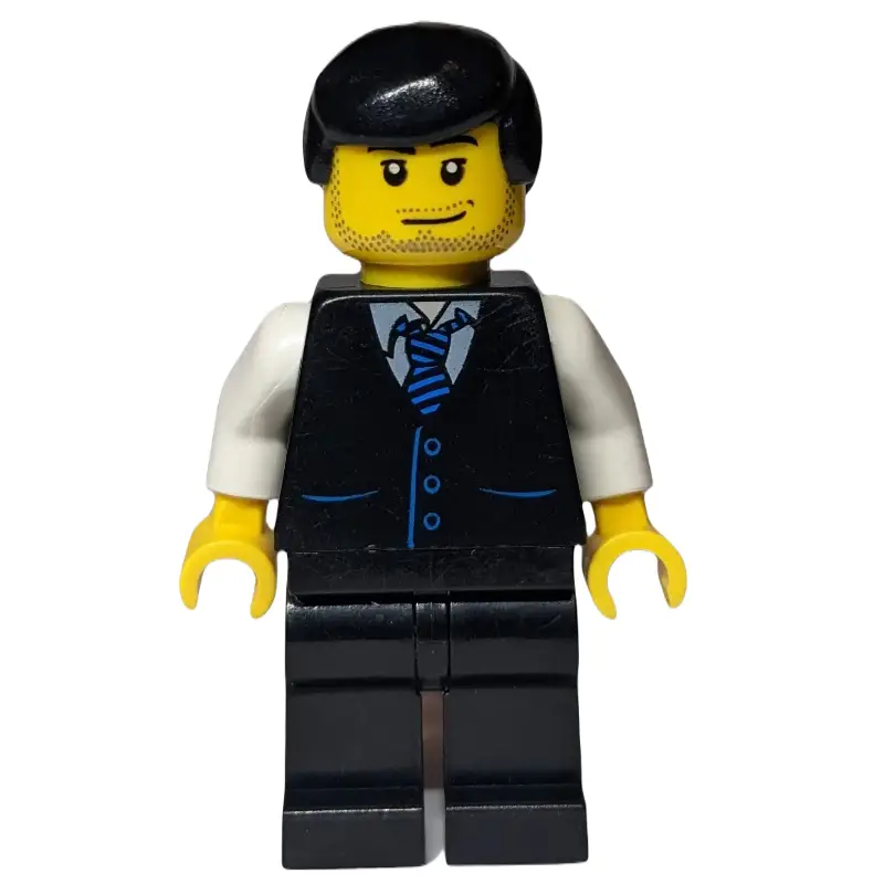 Man, Black Vest over White Shirt with Tie, Black Legs, Black Hair, Stubble