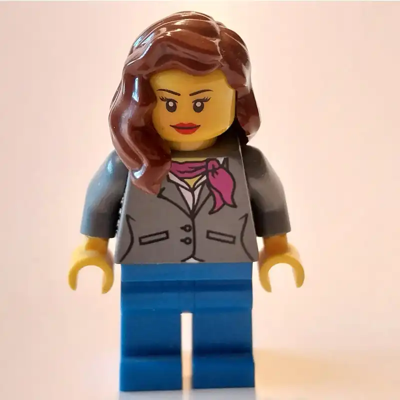 Woman, Dark Bluish Gray Jacket with Magenta Scarf, Blue Legs, Reddish Brown Hair