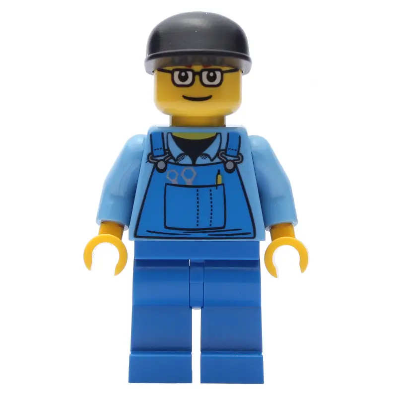 Man, Blue Overalls over Shirt, Blue Legs, Black Cap, Glasses