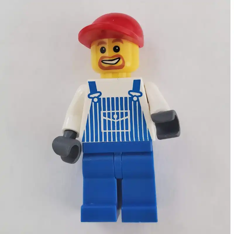 Man, Blue and White Striped Overalls, Red Cap, Goatee Beard