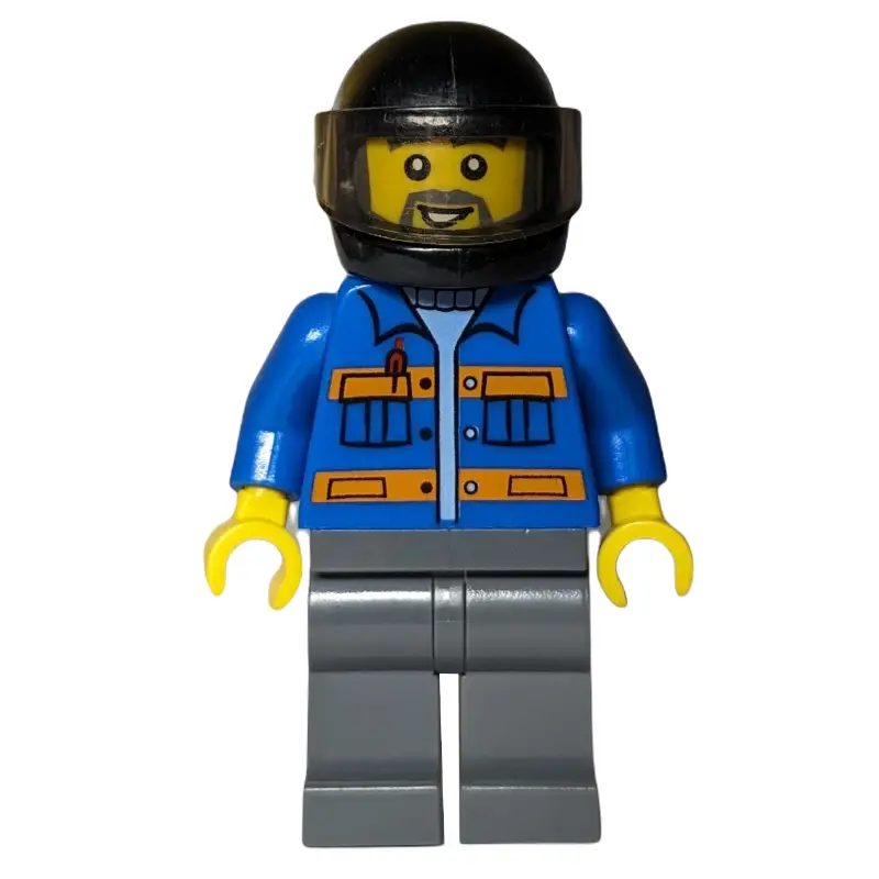 Worker, Blue Jacket with Orange Stripes, Dark Bluish Gray Legs, Black Helmet with Visor, Beard