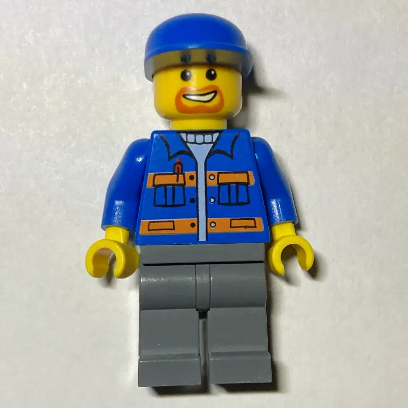 Worker, Blue Jacket with Orange Stripes, Dark Bluish Gray Legs, Blue Cap, Goatee Beard