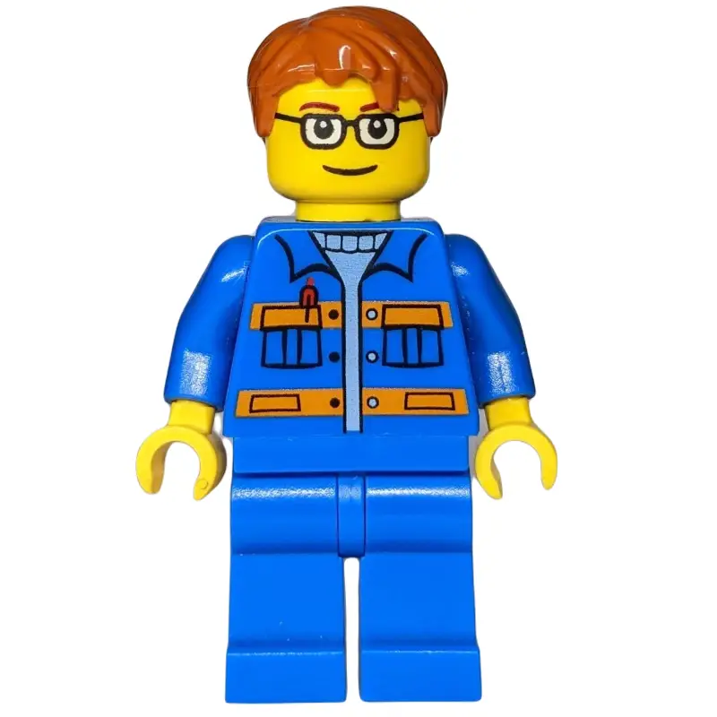 Worker, Blue Jacket with Orange Stripes, Blue Legs, Dark Orange Hair, Glasses