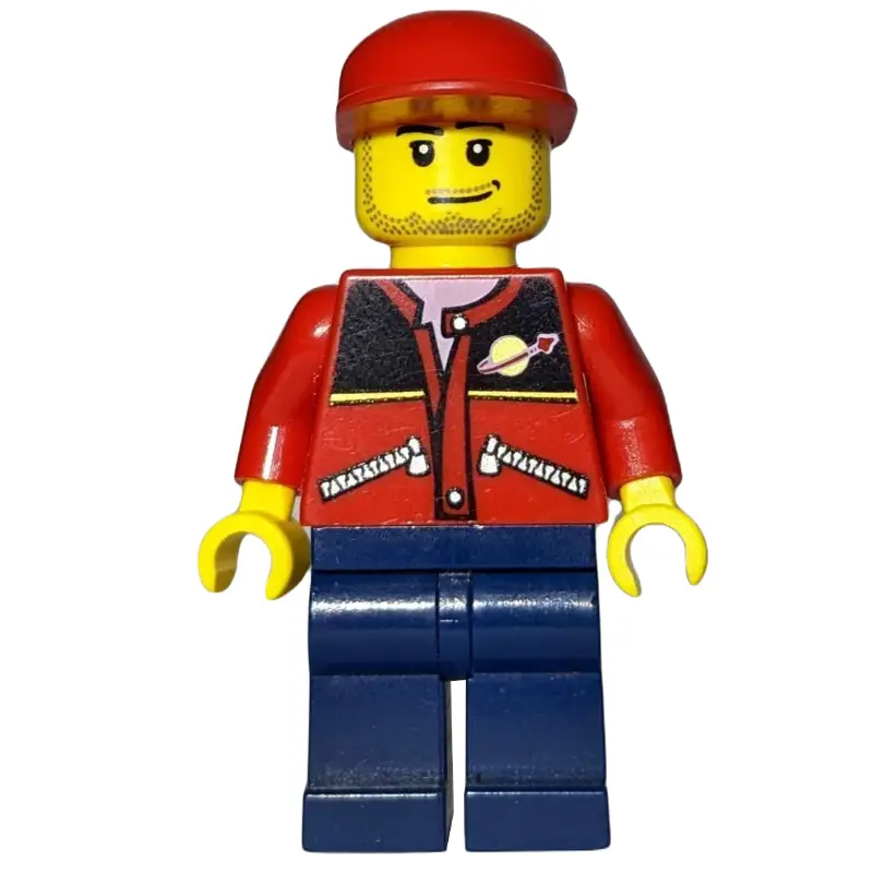 Man, Red Jacket with Classic Space Logo, Red Cap, Stubble