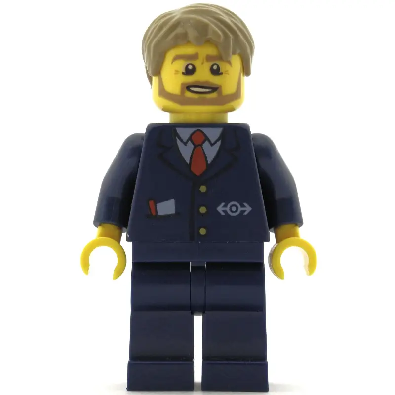 Bus Driver, Dark Blue Suit with Train Logo, Dark Tan Hair, Beard