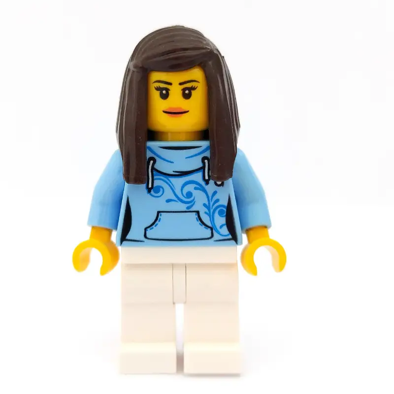 Woman, Bright Light Blue Hoodie, White Legs, Dark Brown Hair