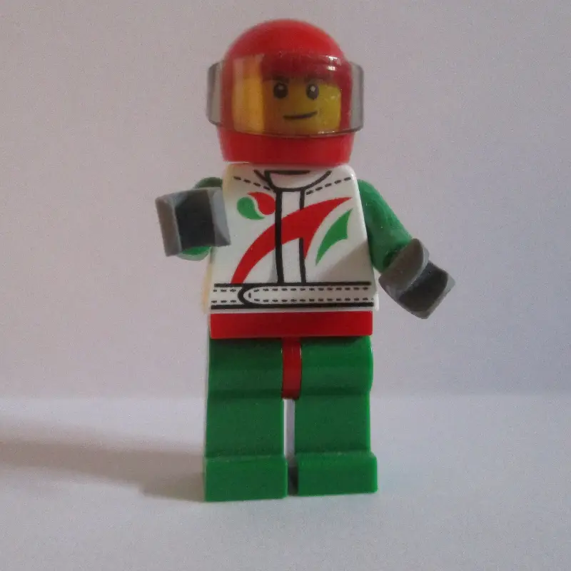Racer, White, Green, and Red Jumpsuit, Red Helmet with Visor