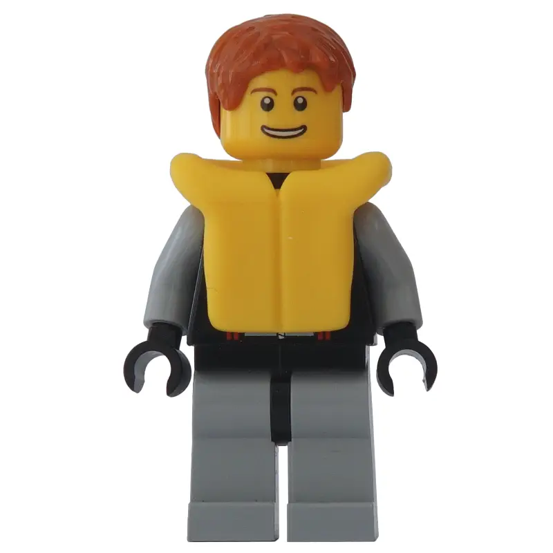 Man, Black and Light Bluish Gray Wetsuit, Dark Orange Hair, Yellow Life Vest