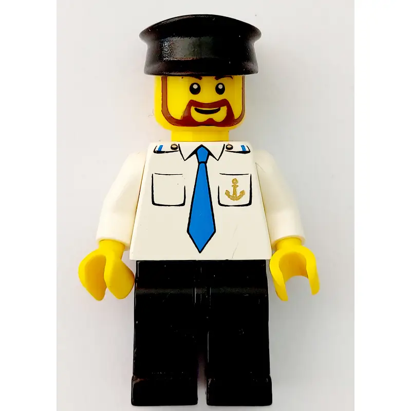 Ship Captain, White Shirt with Anchor and Tie, Black Legs, Black Hat, Beard