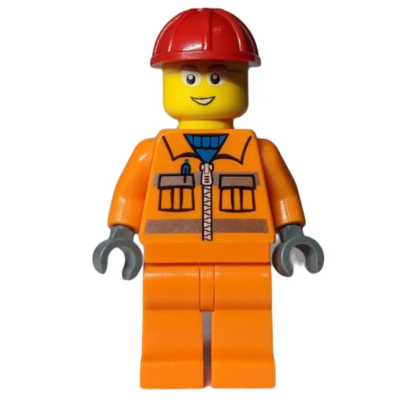 Construction Worker, Orange Jacket with Zipper and Reflective Stripes, Red Hard Hat, Glasses