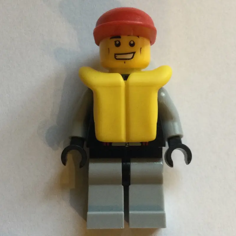 Lifeguard, Black and Gray Wetsuit, Red Cap, Yellow Life Vest