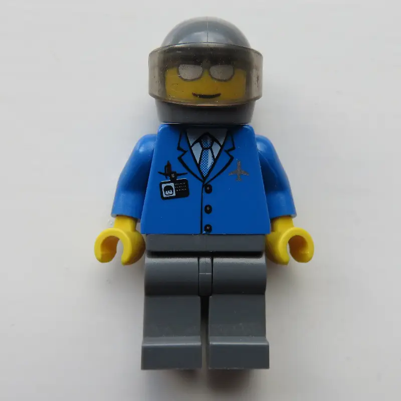 Pilot, Blue Jacket with Plane Logo and Blue Tie, Dark Bluish Gray Helmet with Visor, Silver Sunglasses
