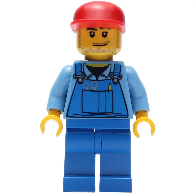 Man, Blue Overalls over Shirt, Blue Legs, Red Cap, Stubble
