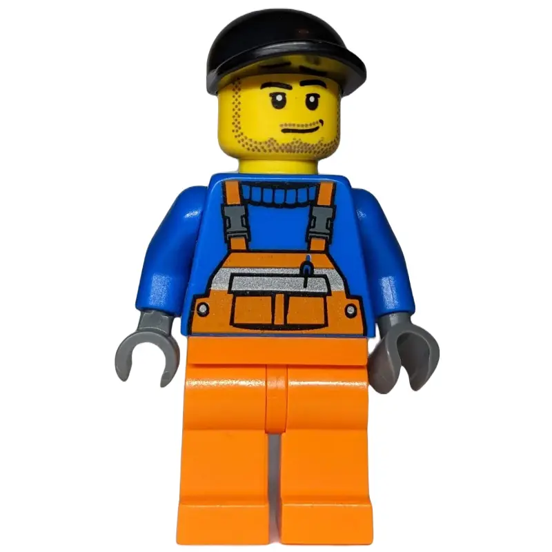 Ground Crew, Orange Overalls over Blue Sweater, Black Cap, Stubble