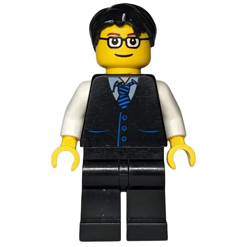 Man, Black Vest and Tie, Black Legs, Black Hair, Glasses
