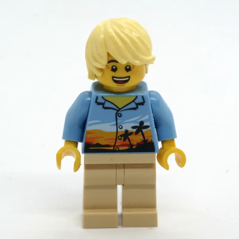 Man, Medium Blue Shirt with Palm Trees and Sunset, Tan Legs, Bright Light Yellow Hair
