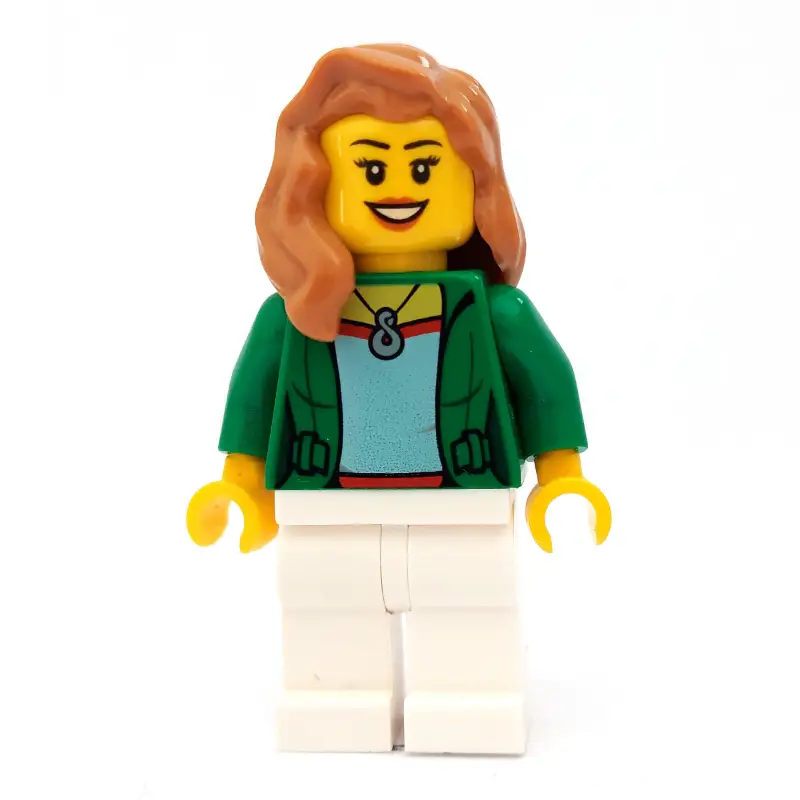 Woman, Open Green Jacket with Necklace, Medium Nougat Hair