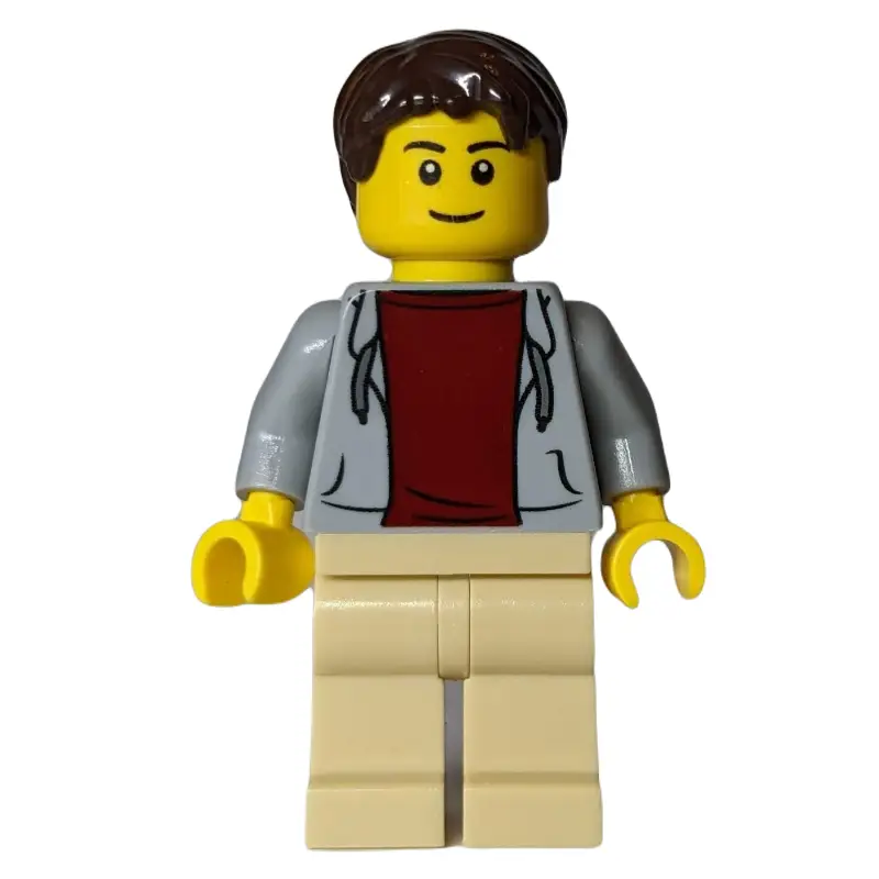 Man, Open Light Bluish Gray Hoodie over Dark Red Shirt, Dark Tan Legs, Dark Brown Hair