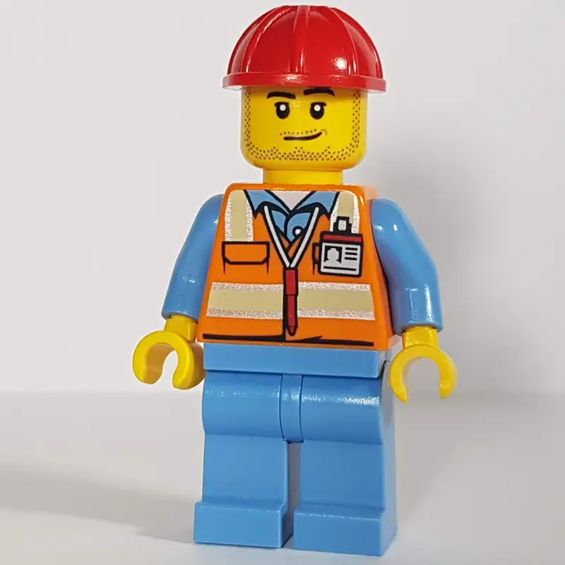 Ground Crew, Orange Safety Vest, Medium Blue Legs, Red Hard Hat, Stubble