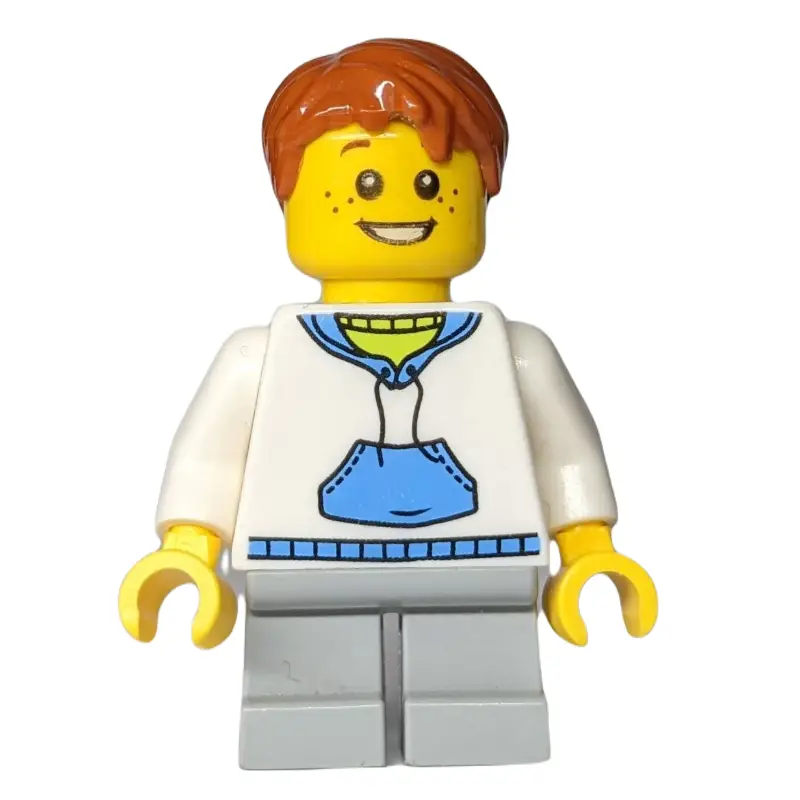 Boy, White and Blue Hoodie, Short Light Bluish Gray Legs, Dark Orange Hair