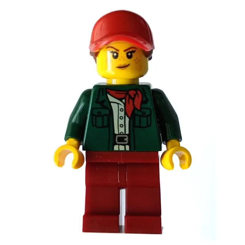 Woman, Open Dark Green Jacket with Red Neckerchief, Dark Red Legs, Red Cap with Hair