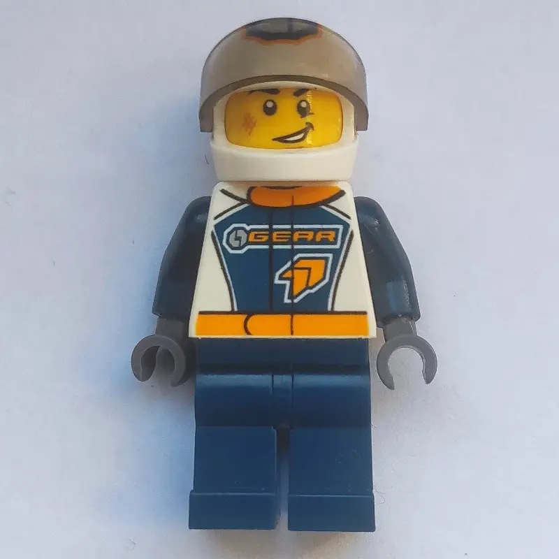 Racer, Dark Blue and White Jumpsuit with 'GEAR', White Helmet with 'G' and Visor