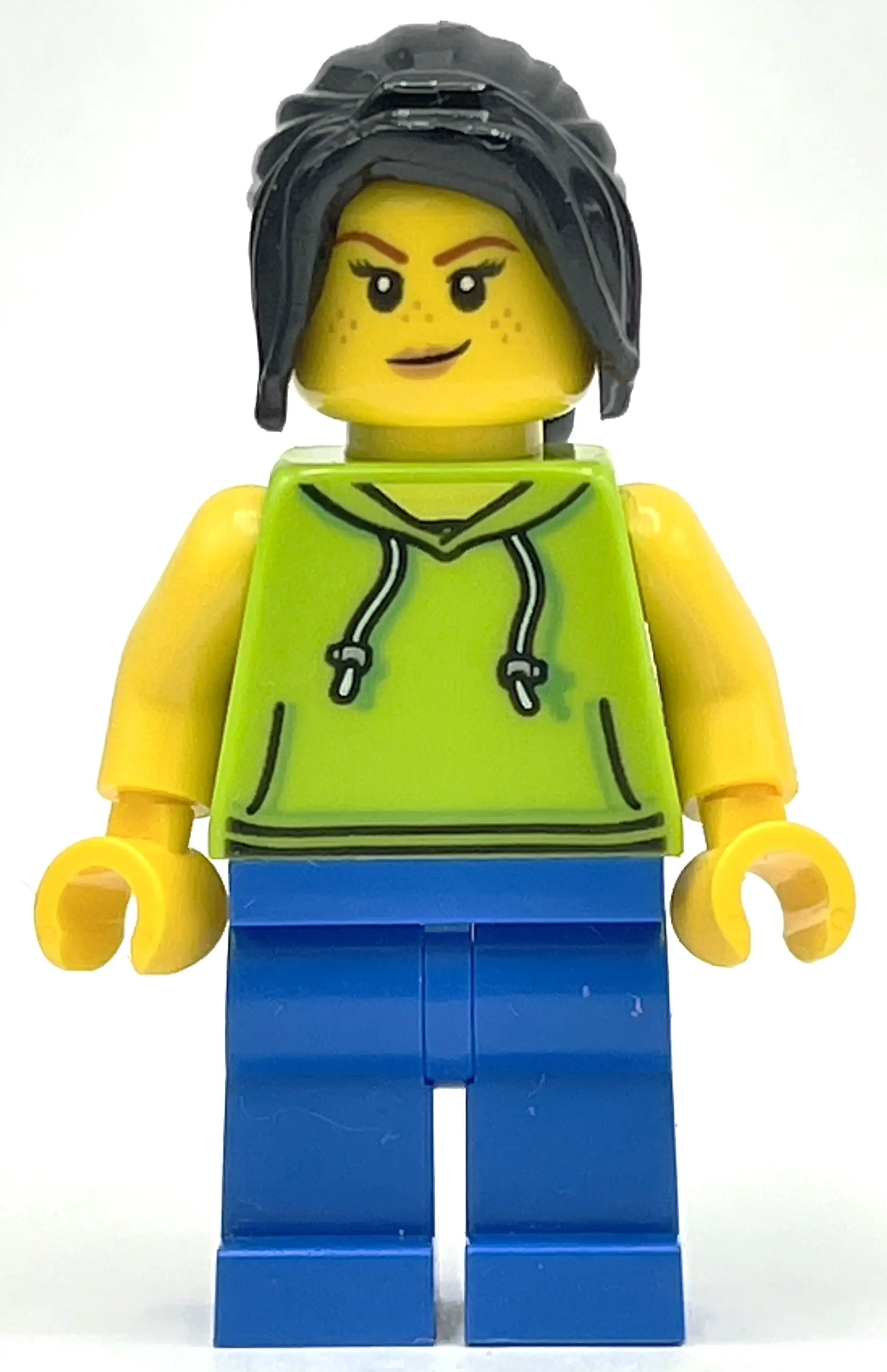 Woman, Lime Hoodie, Blue Legs, Black Hair