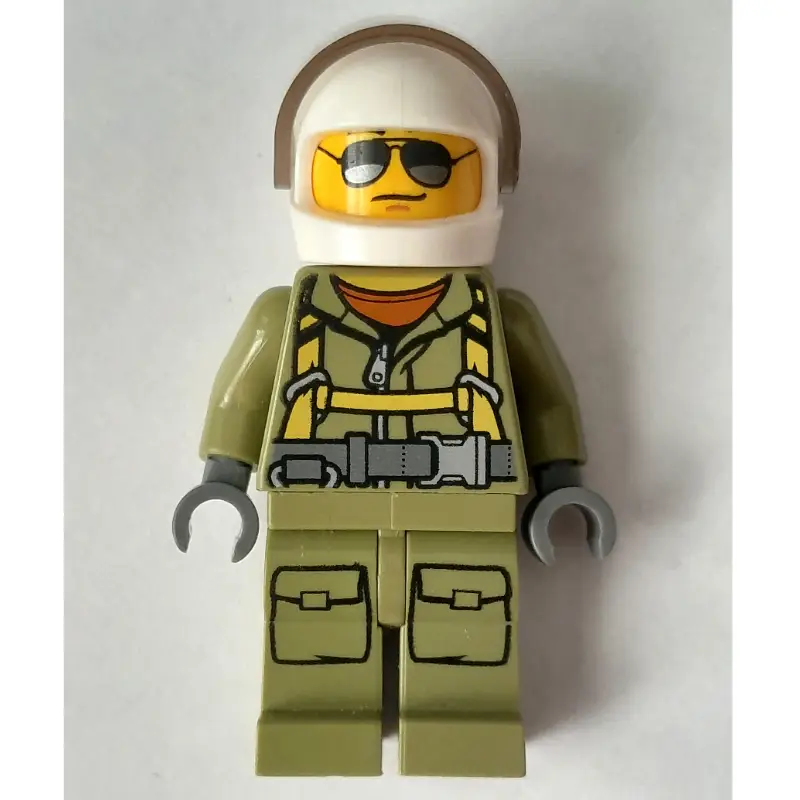 Volcano Explorer, Man, Olive Green Jumpsuit with Straps, White Helmet with Visor, Sunglasses