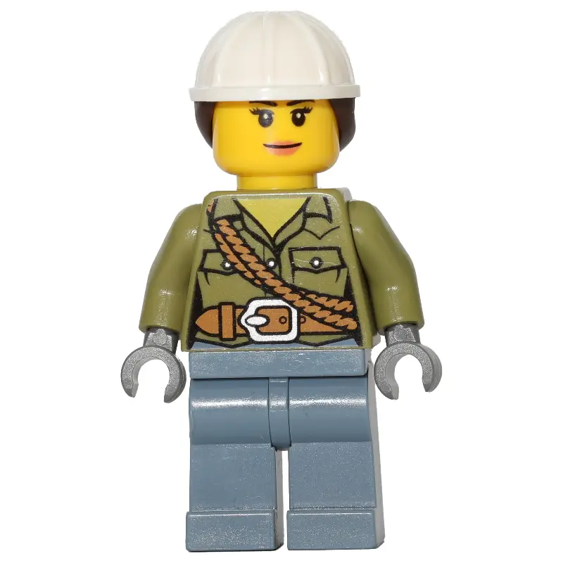 Volcano Explorer, Woman, Olive Green Shirt with Rope, White Hard Hat with Hair