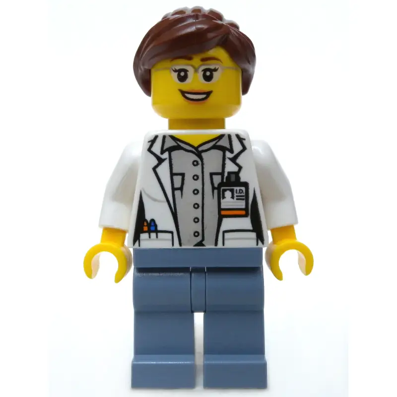 Volcano Explorer Scientist, Woman, Open White Lab Coat, Sand Blue Legs, Reddish Brown Hair, Glasses