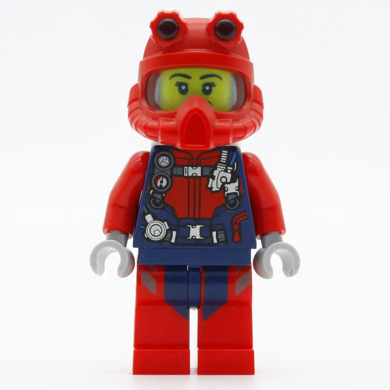 Diver, Woman, Red and Dark Blue Wetsuit with Straps and Gauges, Red Diving Helmet, Airtanks, Open Mouth