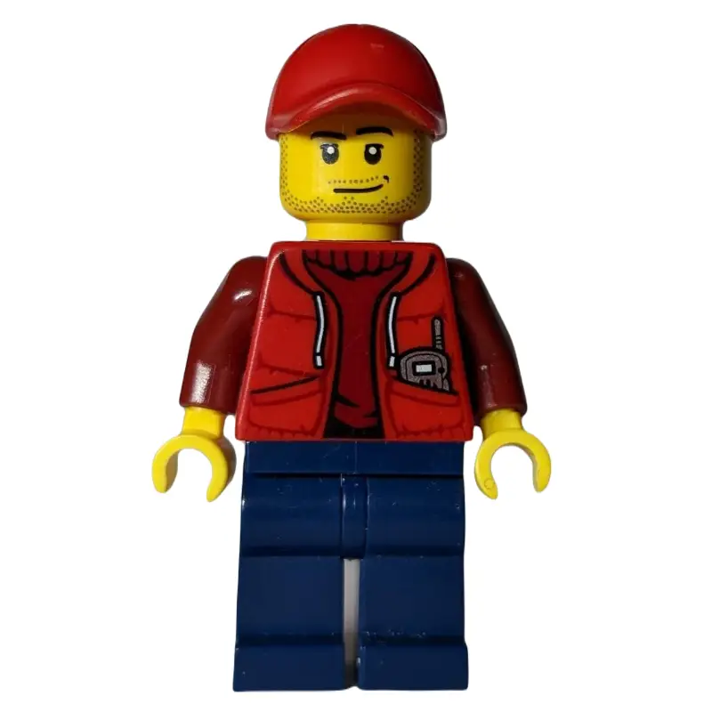 Marine Explorer, Open Red Jacket over Dark Red Sweater, Red Cap, Stubble
