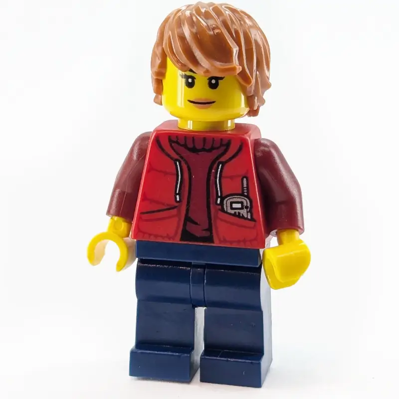 Marine Explorer, Woman, Open Red Jacket over Dark Red Sweater, Dark Orange Hair
