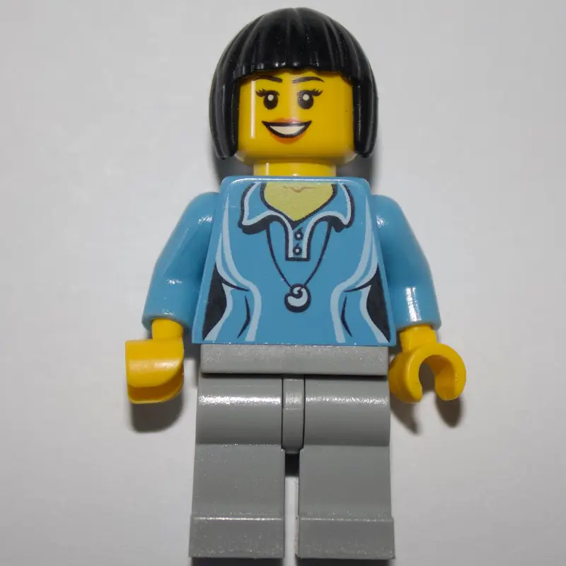Woman, Medium Blue Polo Shirt with Necklace, Light Bluish Gray Legs, Black Hair