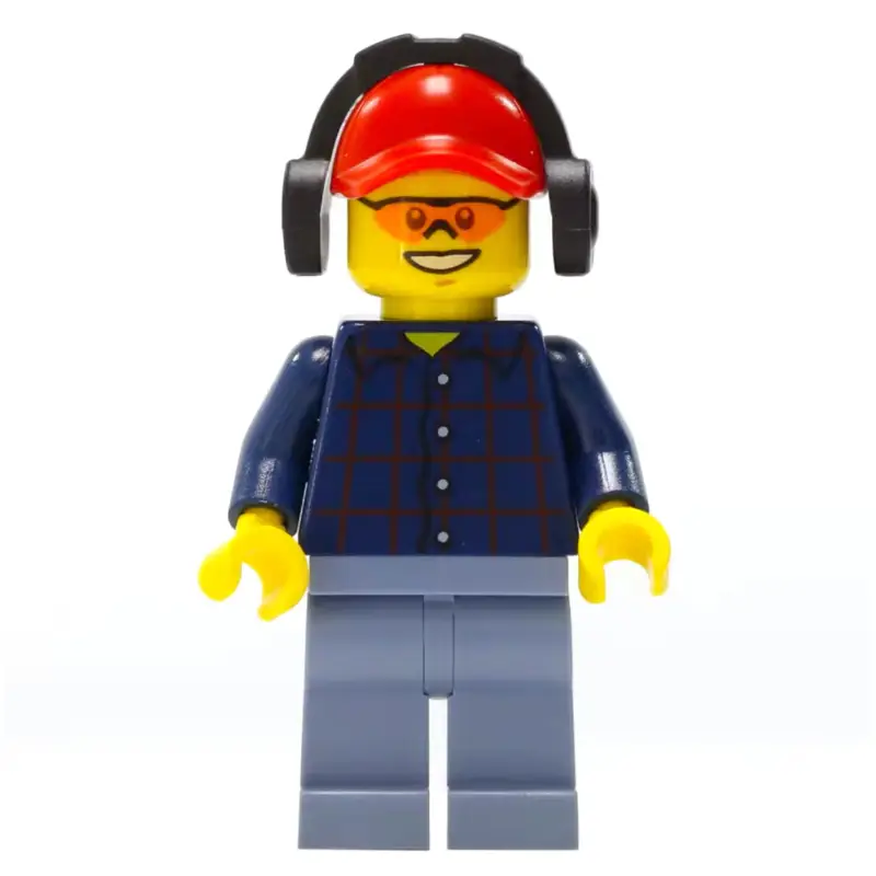 Lumberjack, Dark Blue Plaid Shirt, Sand Blue Legs, Red Cap with Ear Defenders, Orange Safety Glasses