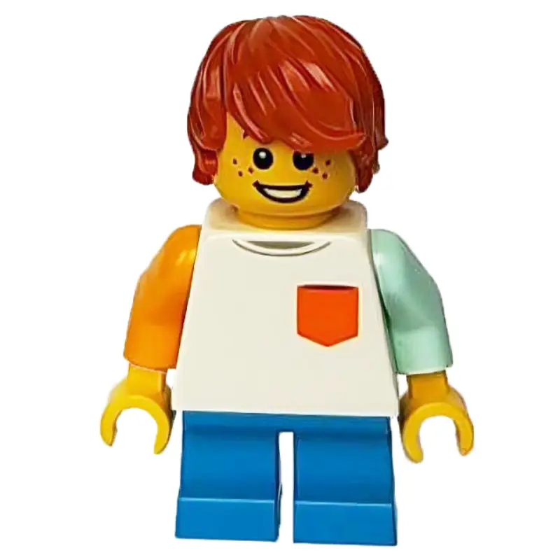 Boy, White Top, Short Dark Azure Legs, Dark Orange Hair