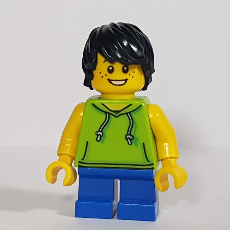 Boy, Lime Hoodie, Short Blue Legs, Black Hair