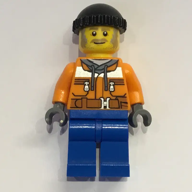 Worker, Orange Safety Jacket over Hoodie, Blue Legs, Black Hat, Moustache