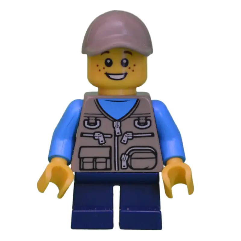 Boy, Dark Tan Vest with Zippers and Pouches, Short Dark Blue Legs, Dark Tan Cap