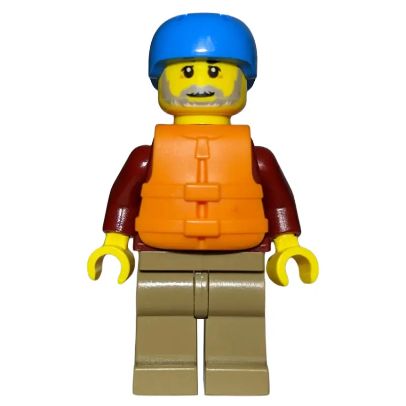 Man, Open Dark Red Jacket, Dark Tan Legs, Dark Azure Helmet, Orange Life Vest, Beard