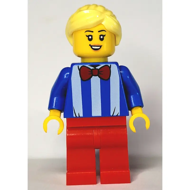 Woman, Blue and White Stripe Shirt with Red Bow Tie, Red Legs, Bright Light Yellow Hair