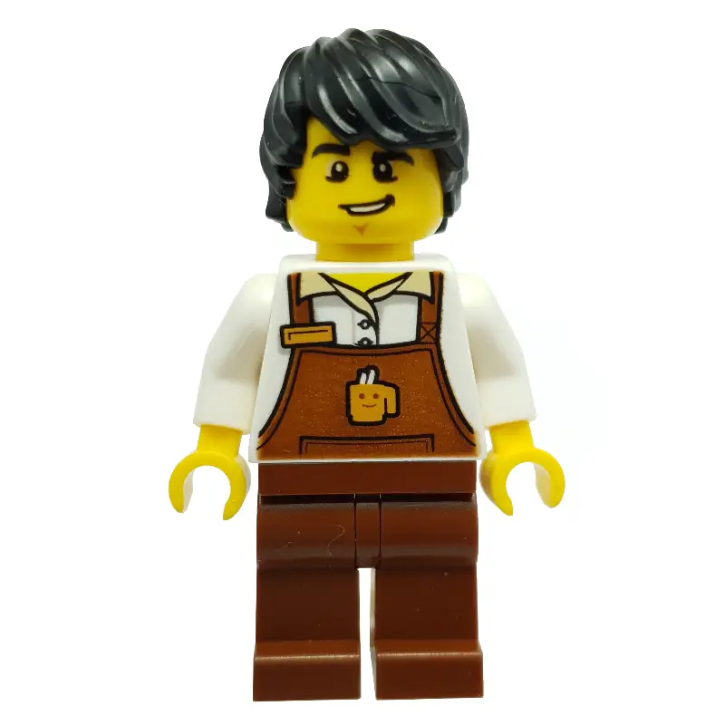 Barista, Man, White Torso, Reddish Brown Apron, Black Hair