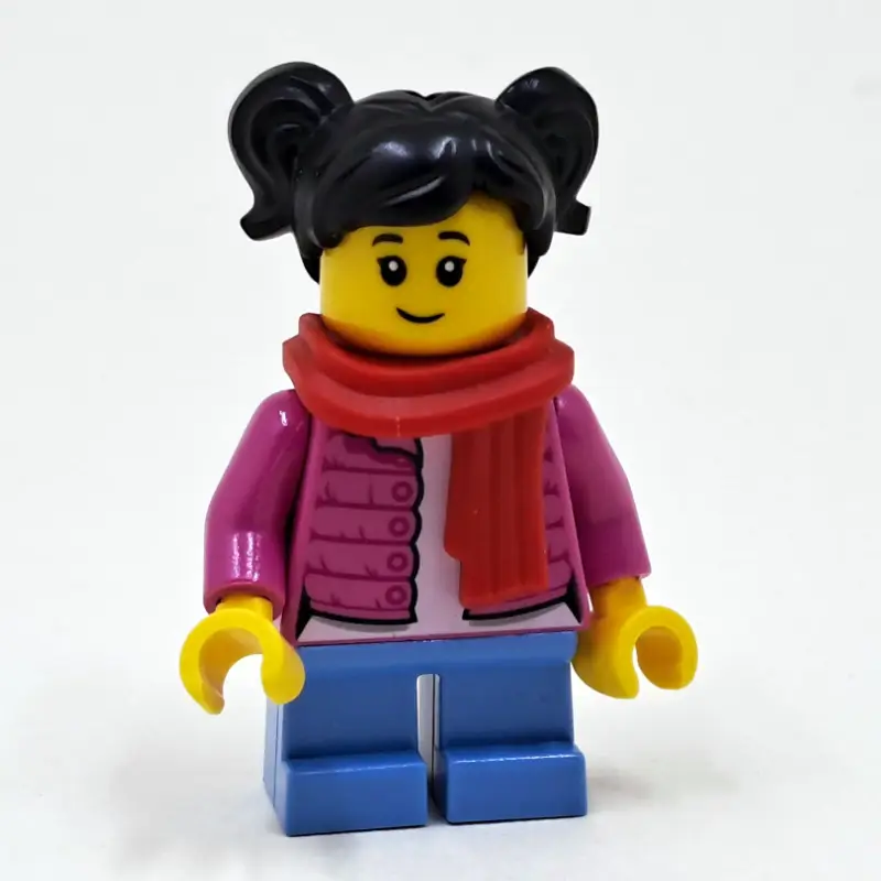Girl, Open Dark Pink Jacket, Short Medium Blue Legs, Red Scarf, Black Hair