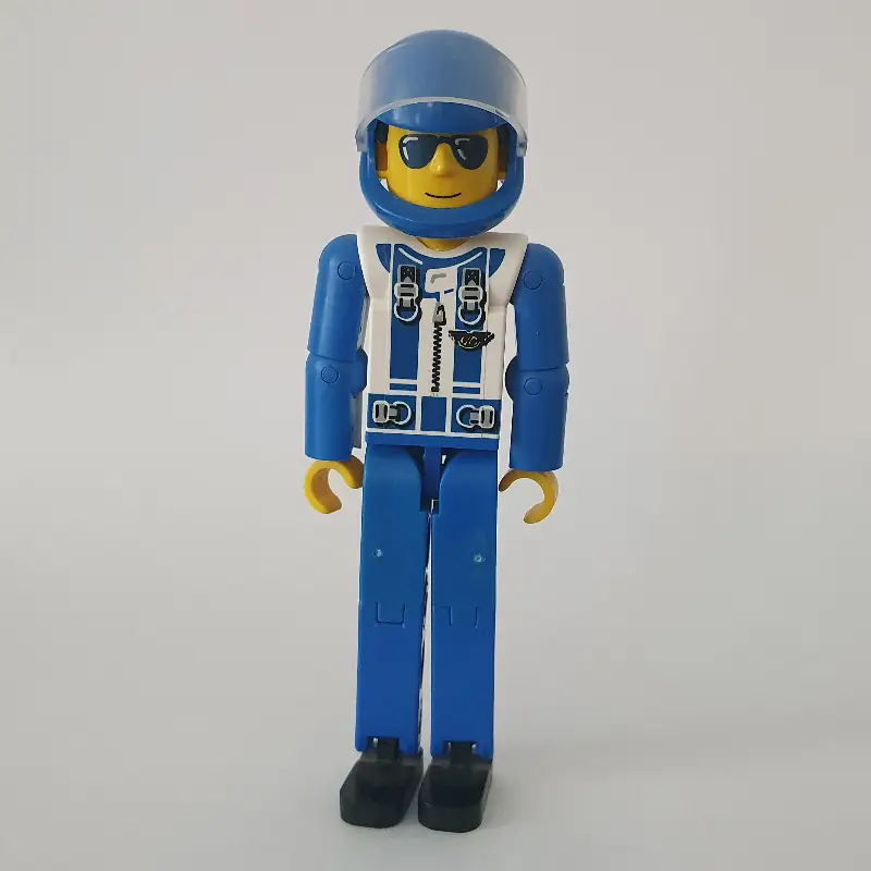 Technic Figure Blue Legs, White Top with Zip & Shoulder Harness Print, Blue Arms - Blue Helmet