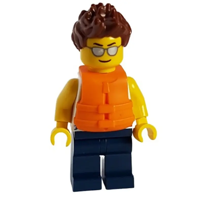White Torso, Dark Blue Legs, Reddish Brown Hair, Life Jacket