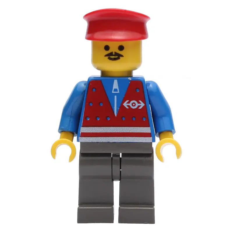 Train Worker - Blue Torso, Dark Gray Legs, Red Hat