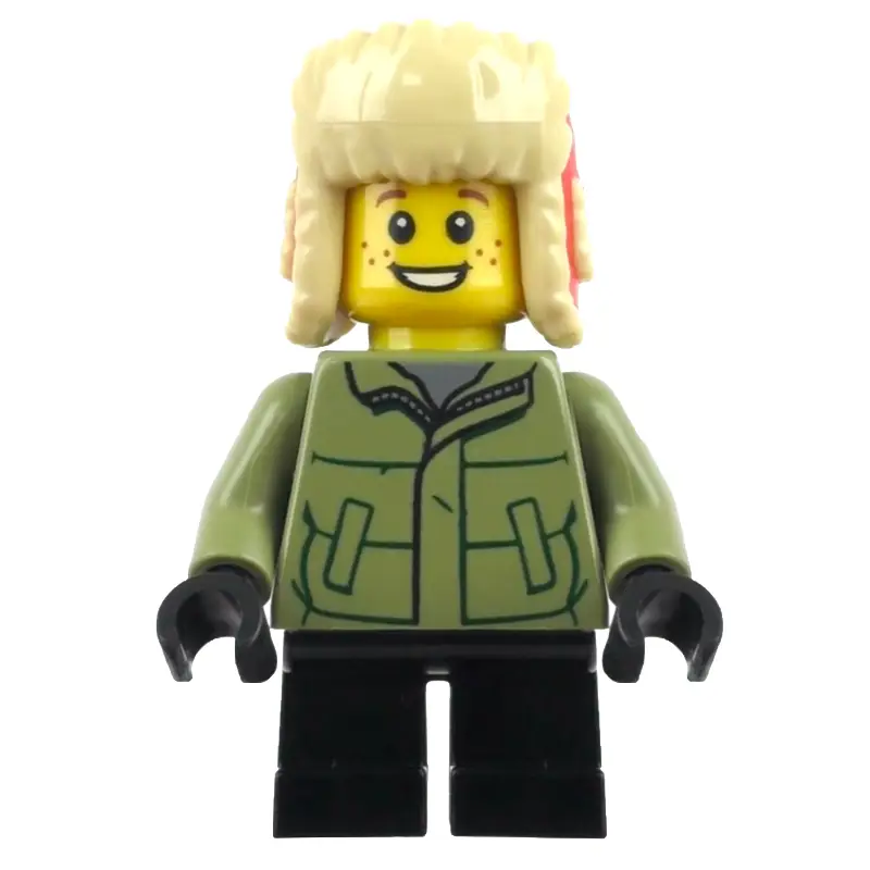 Boy, Olive Green Jacket, Black Legs, Red Ushanka Hat