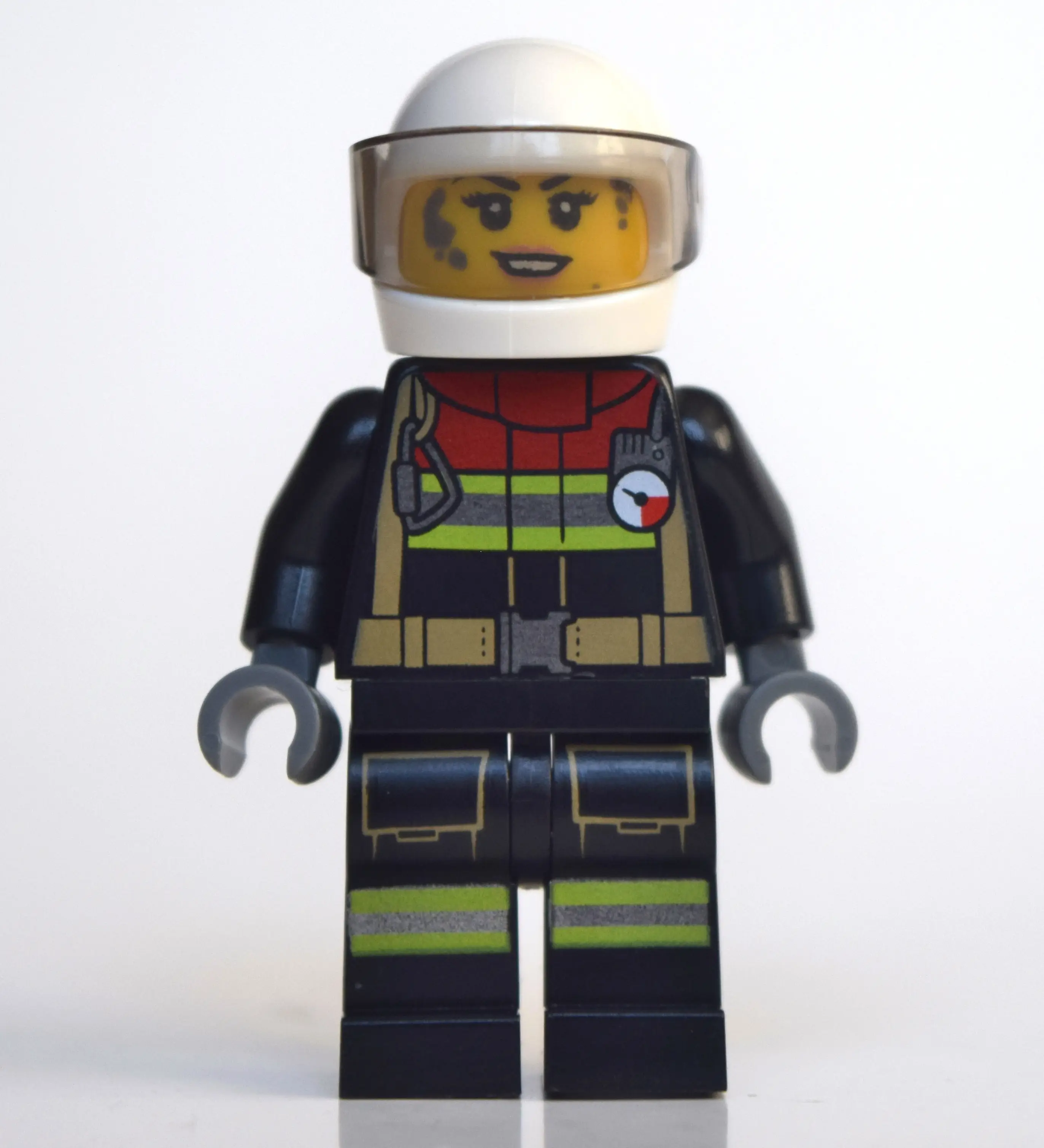 Firewoman, Firesuit with Straps and Gauge, White Helmet with Visor, Dirty Face