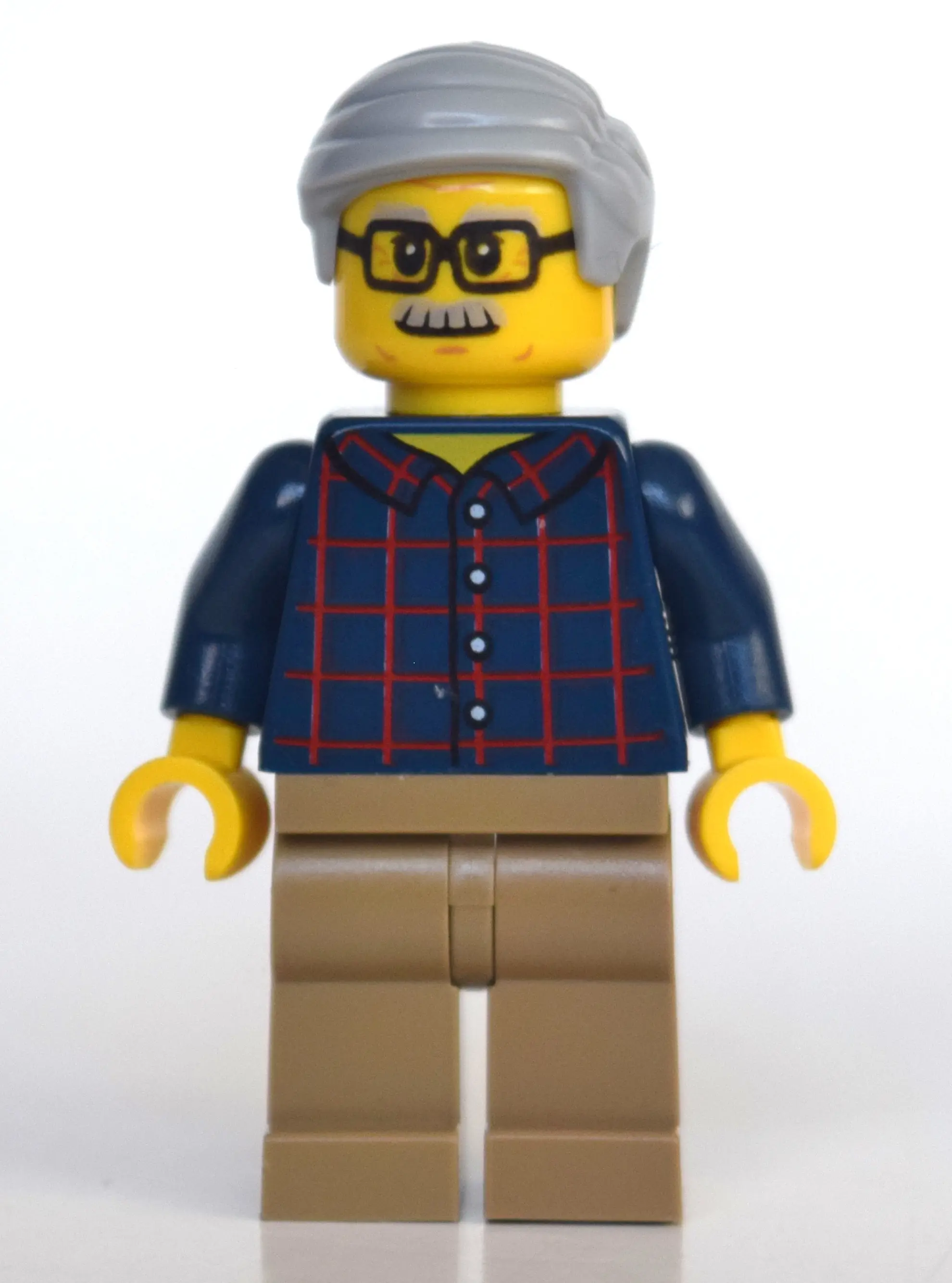 Man, Dark Blue Plaid Shirt, Dark Tan Legs, Light Bluish Gray Hair and Moustache, Glasses